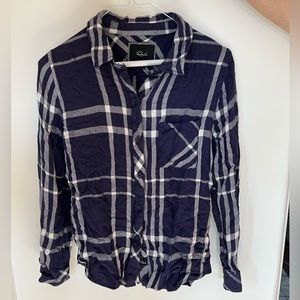 Blue and white plaid long sleeve button down